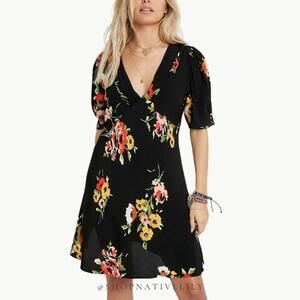 Free People Neon Garden Floral Mini Dress Size 4 Boho Puff Sleeve